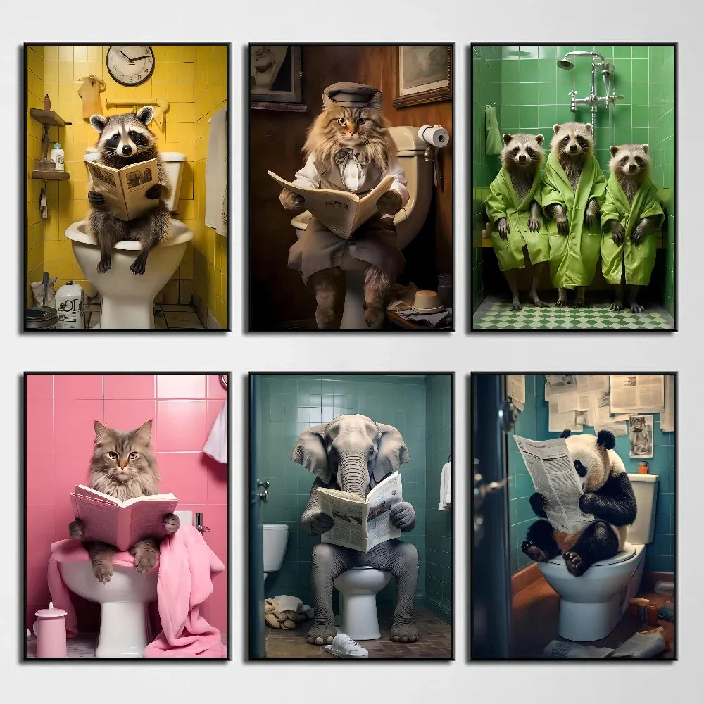 Funny Cute Animal Cat Sitting Toilet Bathroom Poster Self-adhesive Art Waterproof Paper Sticker Coffee House Bar Room Wall Decor