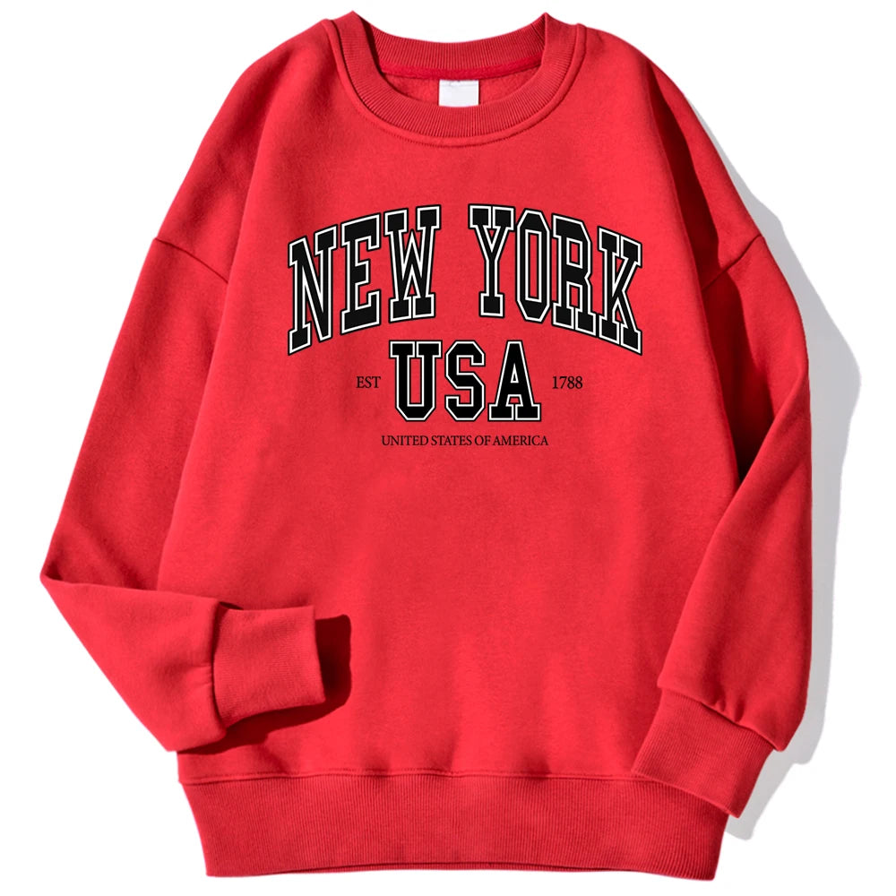 New York Usa Est 1788 Street City Letter Prints Male Sweatshirts Autumn Casual Hoodies Loose Pullovers Crewneck Soft Clothing