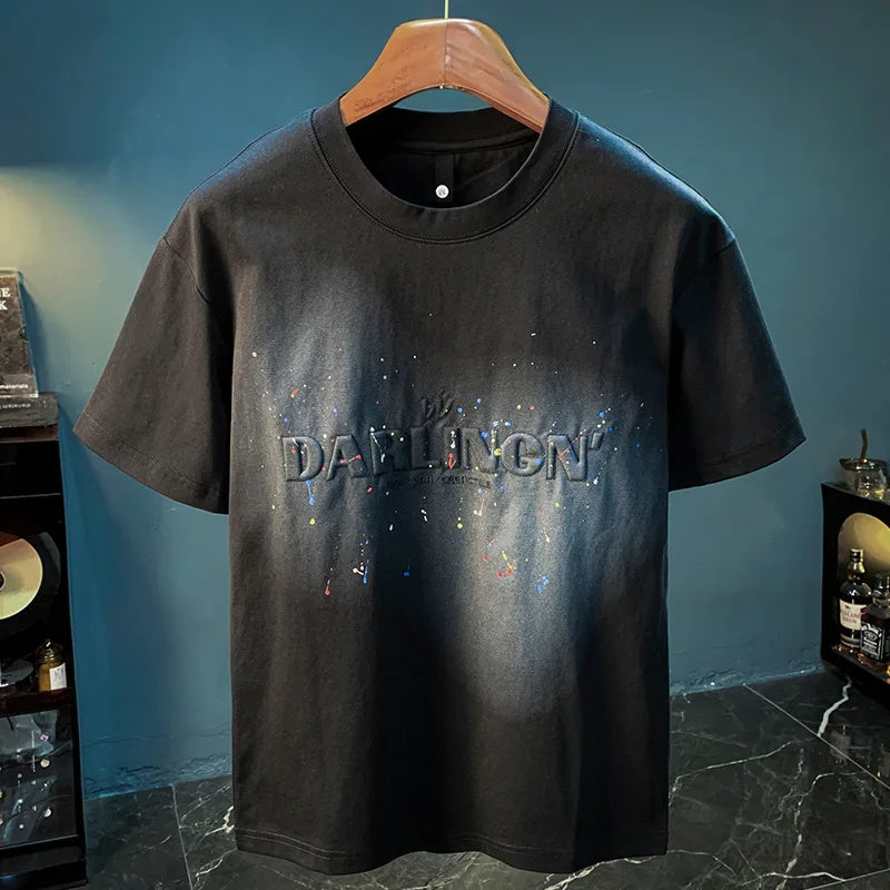 2025 Summer thin fashion high-end printed T-shirt men's 2025 trend embroidered paint splashed short sleeved top