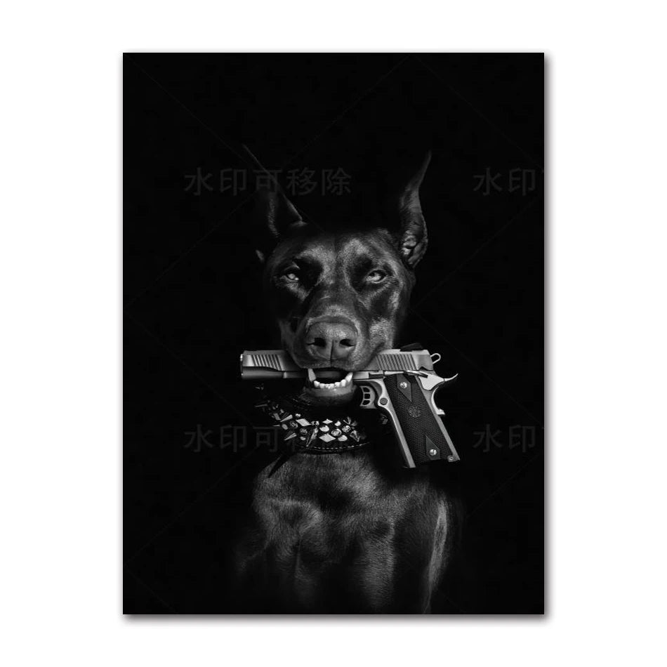 Modern Fashion Black Doberman Dog with Golden Pistol Poster Canvas Painting Luxury Animal Wall Art Picture for Living Room Decor