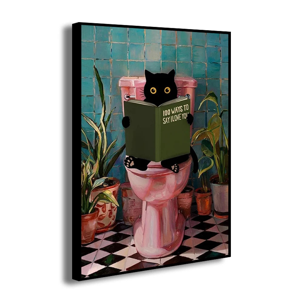 Bathroom Cat Reading on Toilet Canvas Wall Art Print Poster Funny Animal Decor Painting Home Decor Gift Unframed