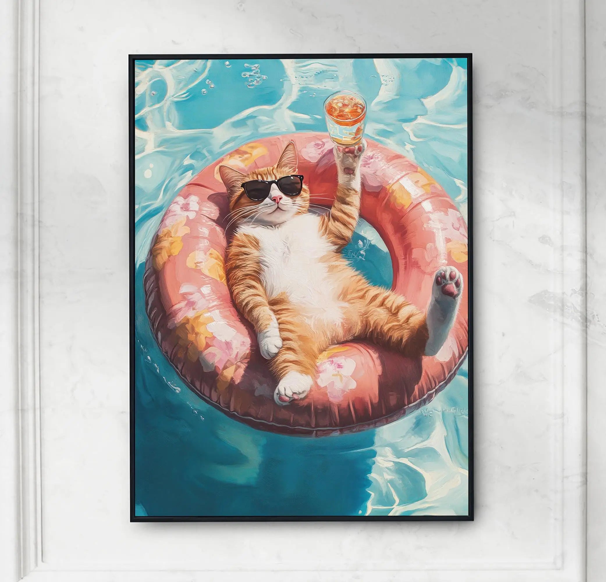 Relaxing Animal on Pool Float Summer Tropical Poster Lion Tiger Cat Canvas Painting Wall Art Fun Bathroom Living Room Home Decor