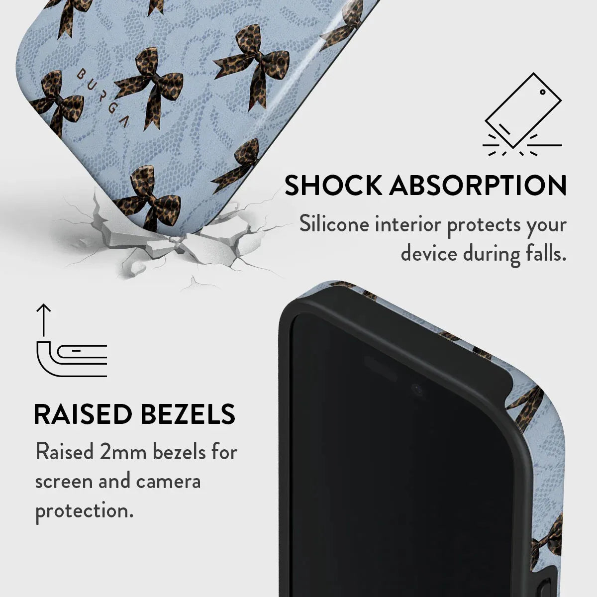 Fashion Blue Bow BURGA Phone Case for iPhone 16 15 14 13 12 11 X XS XR XSMAX 7 8 Pro Max Plus Luxury Double-layer Back Cover