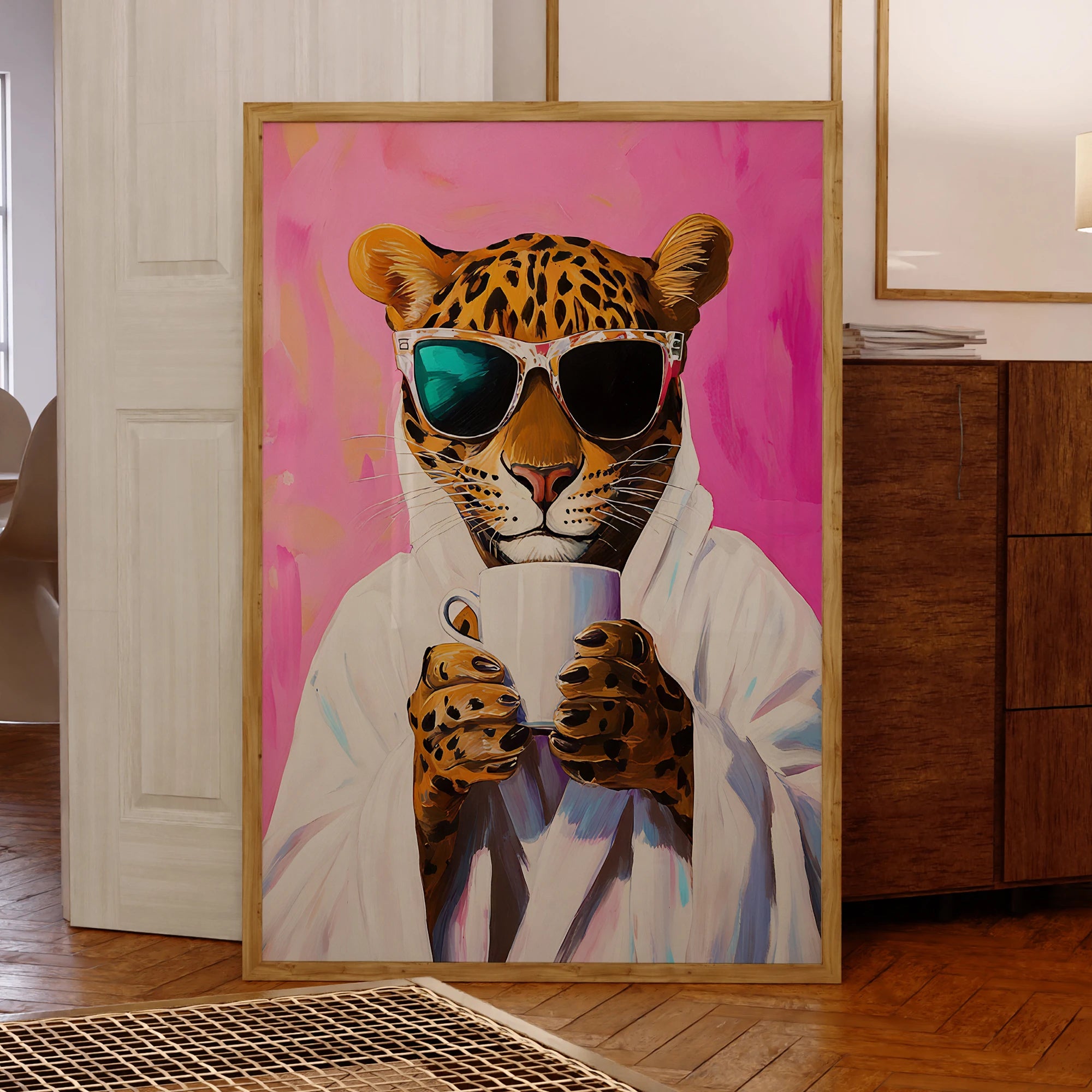 Modern Pink Leopard Print Drinks Coffee Dopamine Wall Art Prints Canvas Painting Poster Picture For Living Room Home Decor