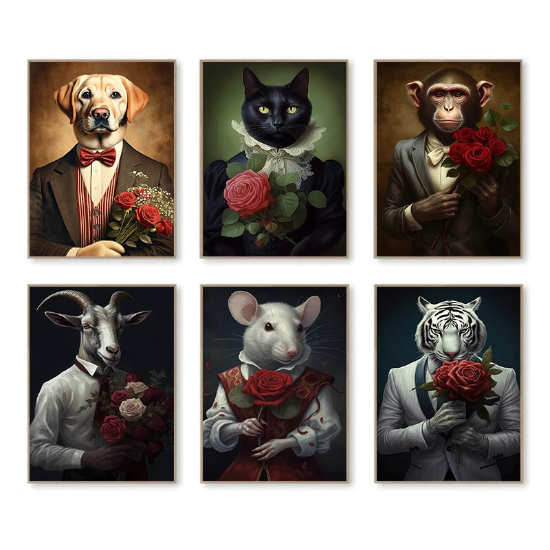 Vintage Animals in Suit Hold Roses Painting Poster Goat Monkey Tiger Canvas Printing Wall Art Picture for Living Room Home Decor