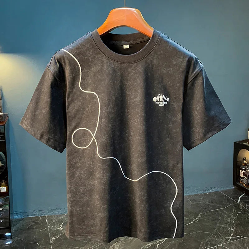 Embroidered printed short sleeved T-shirt for men in summer 2025, trendy and loose, snowflake print retro casual top