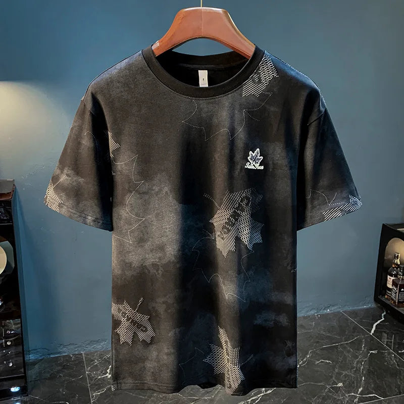 High end embroidered men's short sleeved shirt, summer high-density T-shirt, halo printed loose half sleeved shirt