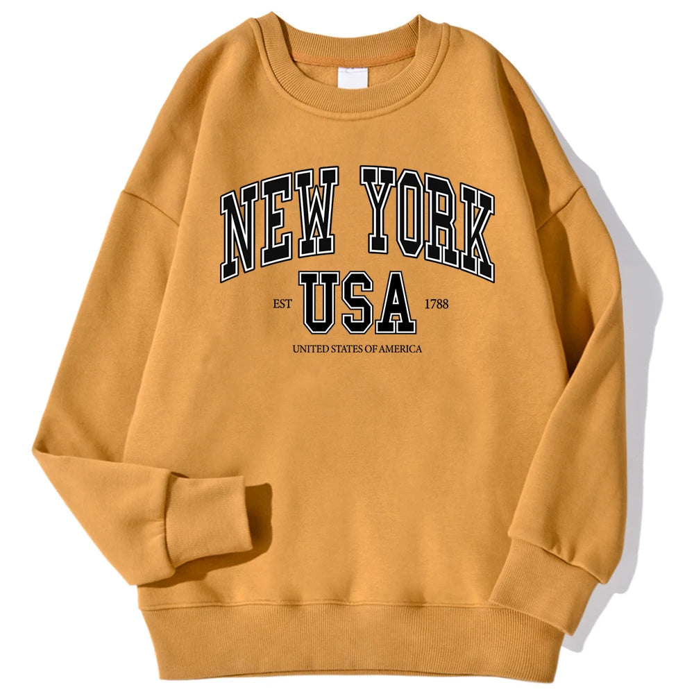 New York Usa Est 1788 Street City Letter Prints Male Sweatshirts Autumn Casual Hoodies Loose Pullovers Crewneck Soft Clothing