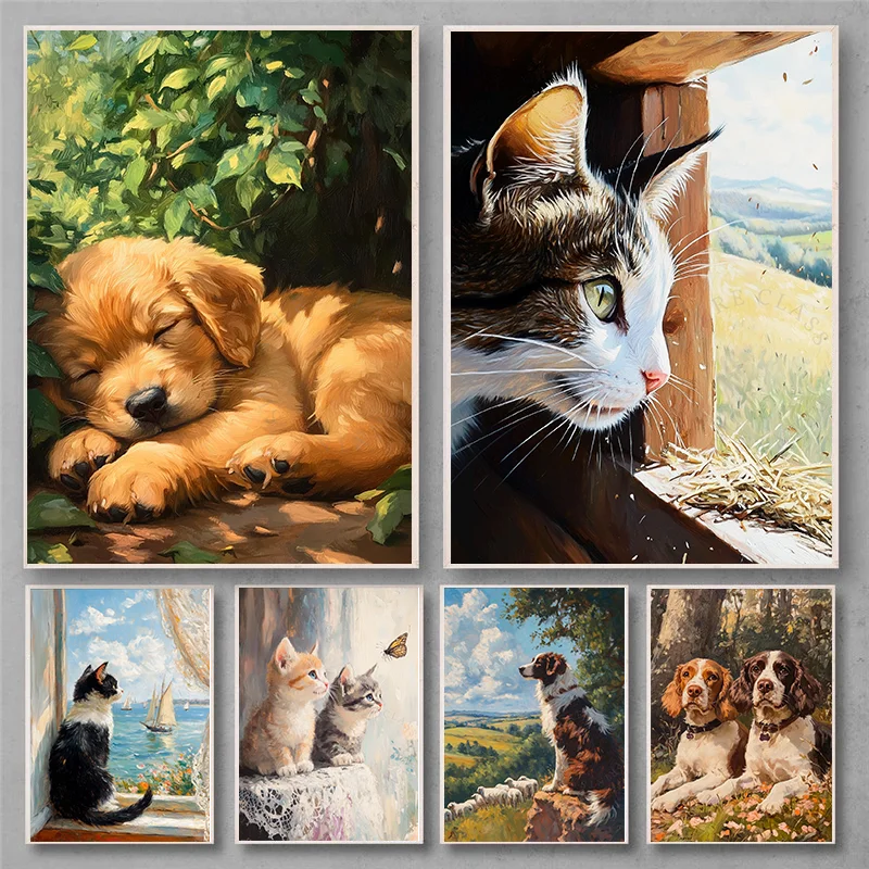 Barn Cat in Window Oil Paintings Style Posters Rustic Farmhouse Animal Artwork Vintage Cottagecore Decor Cozy Country Painting
