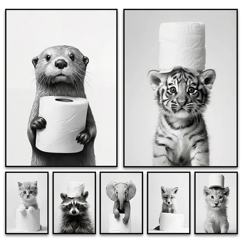 Black And White Cute Animals Canvas Painting Poster Funny Toilet Paper Otter Cat Tiger Wall Art Print Picture for Bathroom Decor