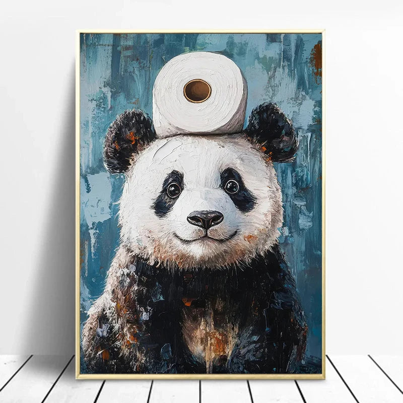 Giraffe Cat Raccoon With Toilet Paper Cute Animals Poster Print Canvas Painting Oil Bathroom Wall Art Funny Humor Home Decor
