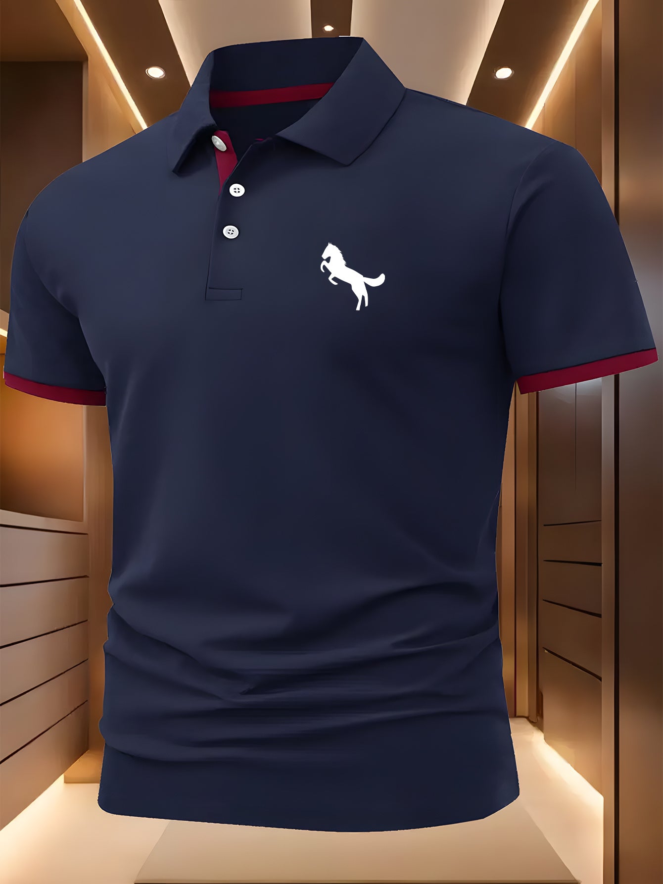 Horse Symbol Men'S New Polo Shirt with Front Pattern, Summer Polo Shirt, Casual Outdoor Short Sleeved Top, Button Neck, Slight Elasticity, Regular Fit, Suitable for Sports, Fishing, Fitness, Daily Wear