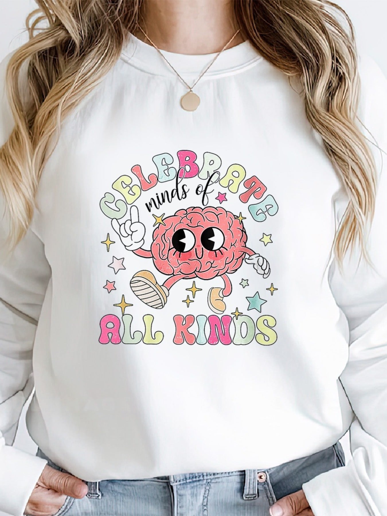 [Long Sleeve Mental Health Pullover] Celebrate Minds of All Kinds Sweat, Autism Sweater, ABA Therapist Crewneck, ADHD, Autism Acceptance Gift, Mental Health, Sped Woman's Cozy Classic Print Pullover Sweater, Casual Long Sleev