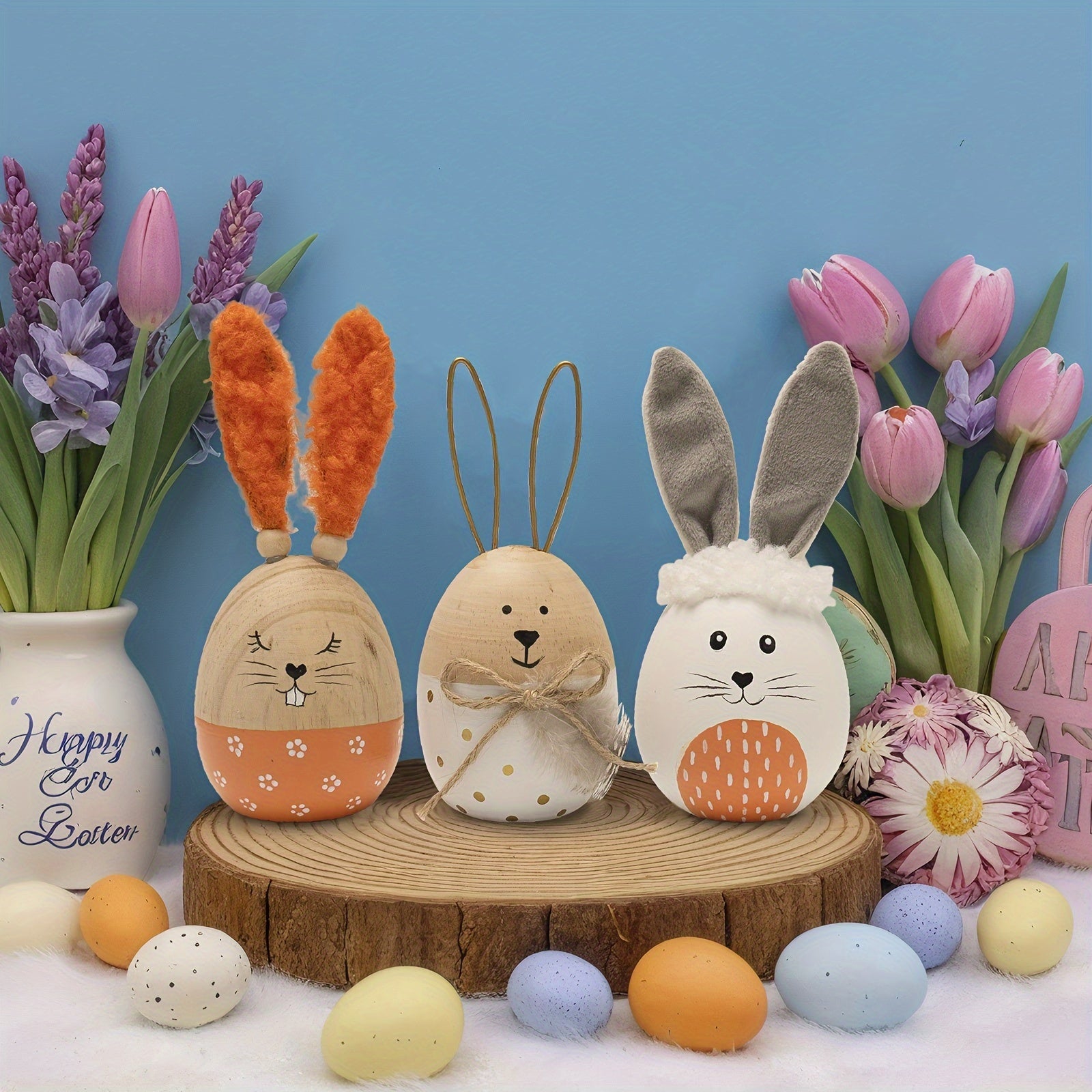 [Wooden Easter Decor] Wooden Decorative Easter Egg Decor, Easter Bunny Eggs Figurine, Indoor Spring Table Centerpieces Shelf Fireplace Mantel Desk Tiered Tray Decorations For Home