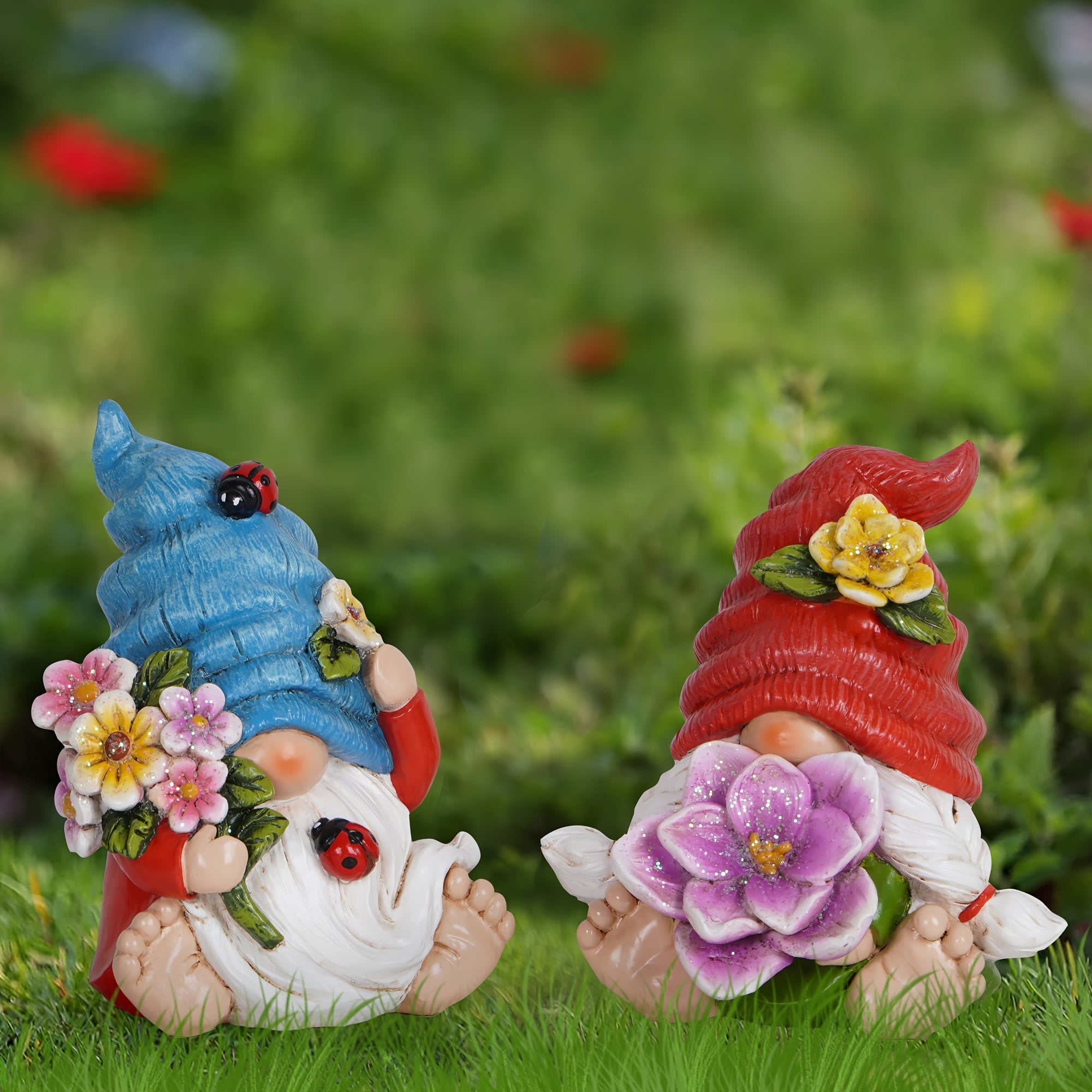 Basen Resin Gnome Figurines, Enchanting Hand-Painted Spring Decorations With Flowers And Ladybugs, Whimsical Red And Blue Hat Ornaments For Easter, Garden, Home Decor, And Gifts