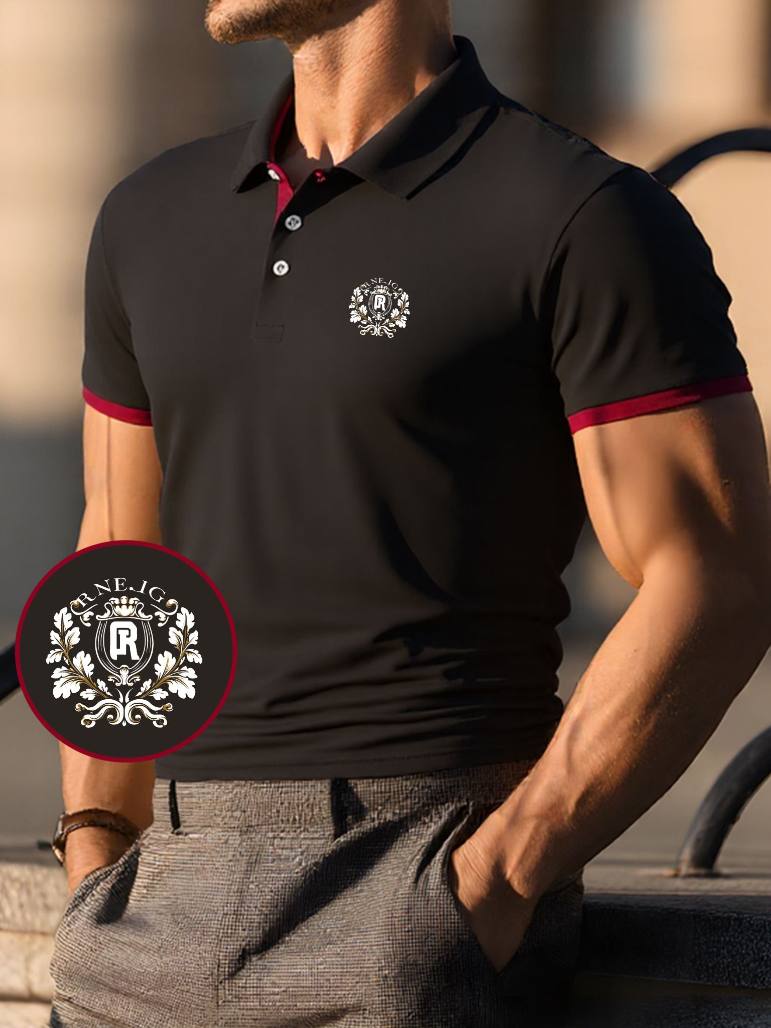 Men's Summer Short-Sleeve Shirt - Breathable Knit Fabric with Geometric Badge Pattern, Sweat Absorbent Casual Sportswear, Regular Fit Button-Up Collar for Outdoor, Parties & Casual Attire, Outdoor Activities, Stylish Sportswe