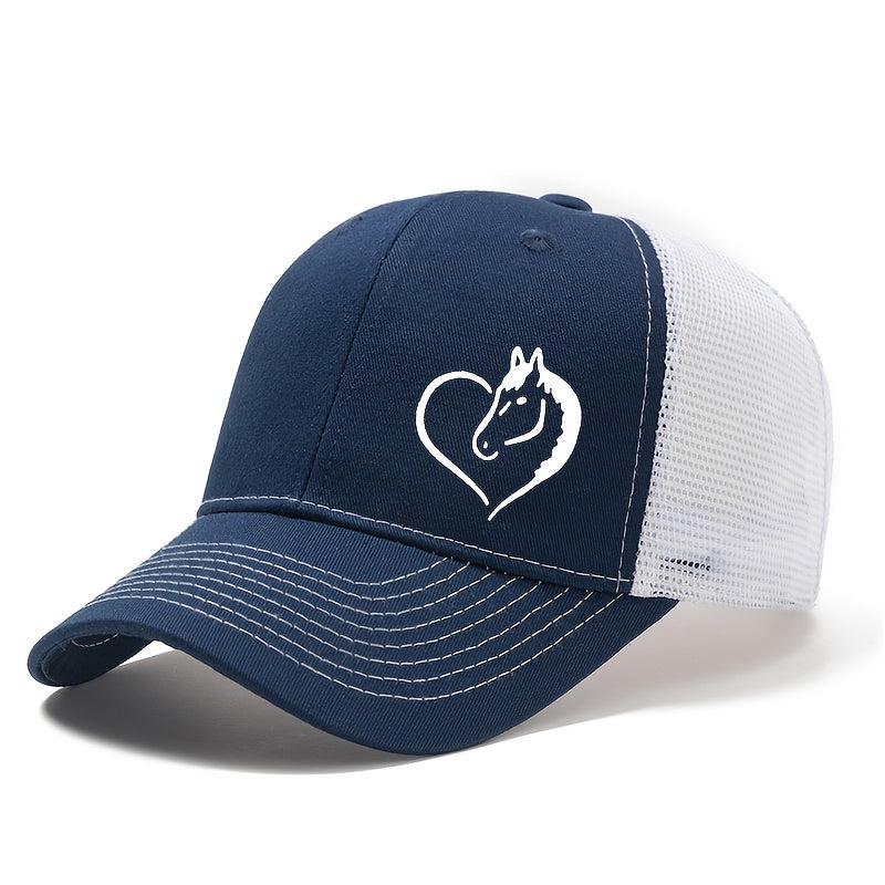 Fashionable Outdoor Sunshade Baseball Cap with a Heart And Horse Pattern, Suitable for Both Men And Women, Perfect for Casual Wear, Outdoor Parties, And Truck Drivers.