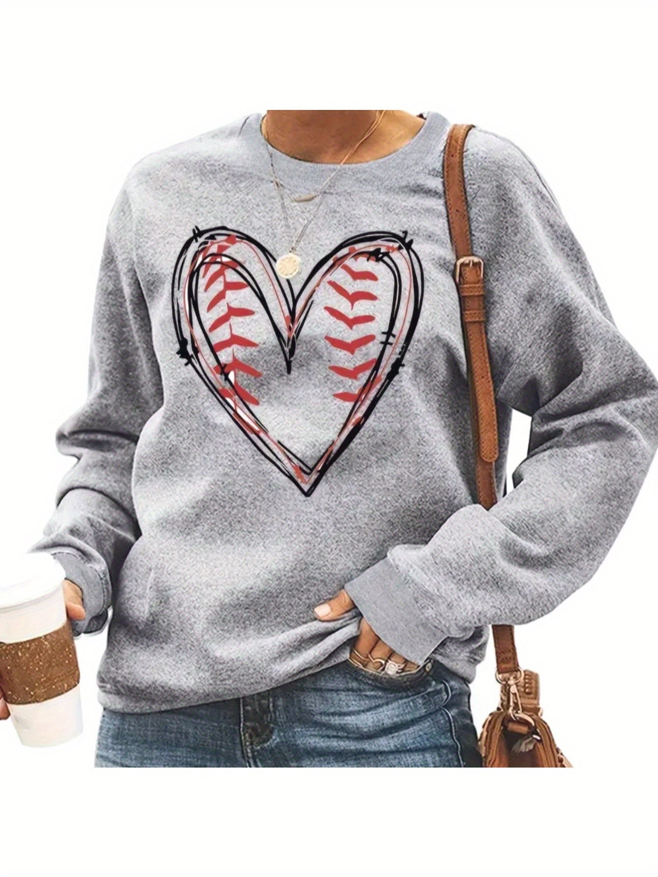 Women's Casual Crew Neck Sweater - Grey Knit Pullover with Baseball Heart Print, Long Sleeve Cozy Sweatshirt for Fall/Winter, Soft Polyester Blend, Machine Washable, Knit Sweater