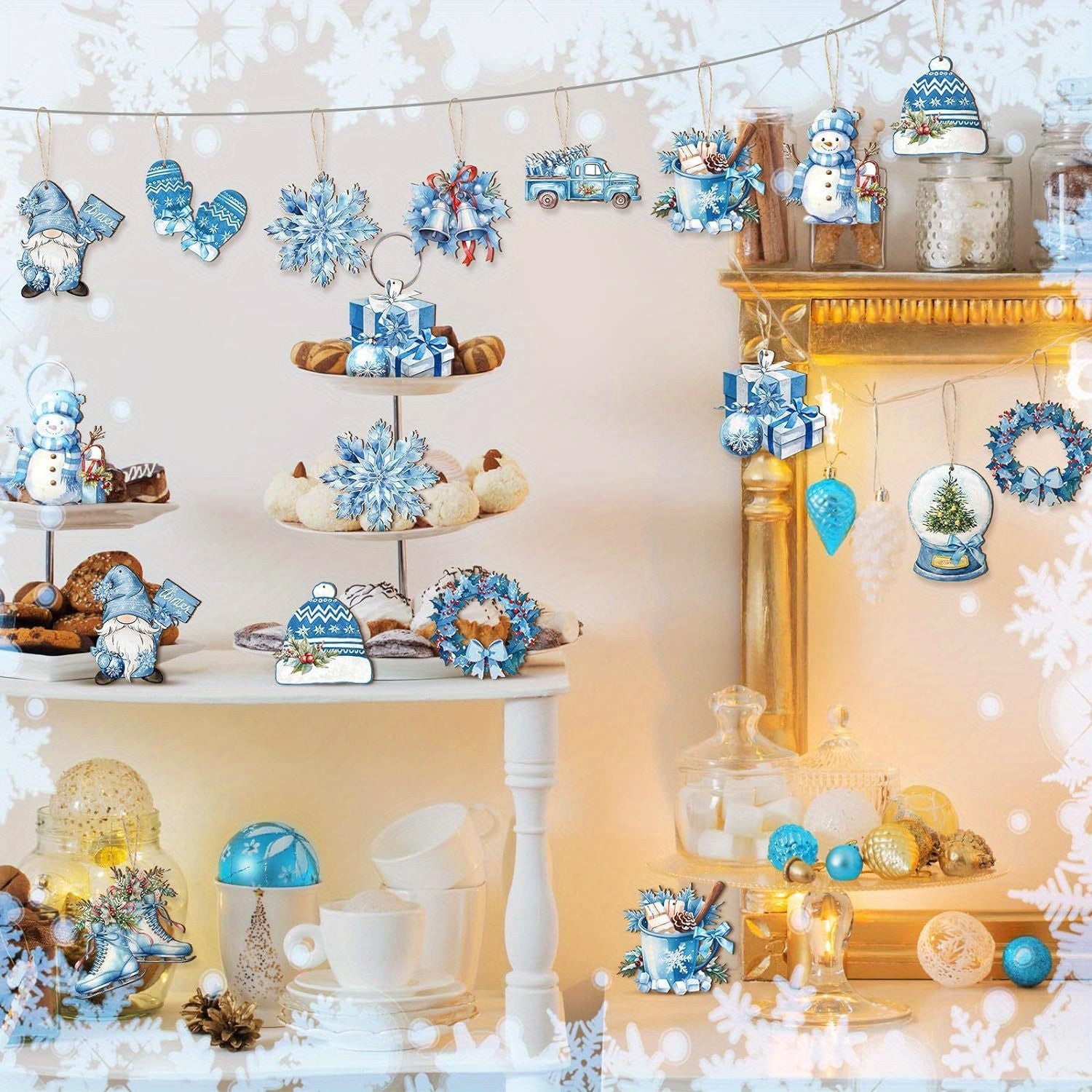 [Wooden Decor Set] 24pcs Christmas Gnome Wooden Decor Set, with Rope, Cute Snowflake Snowman Bell Hanging Ornaments Set for Christmas Tree, Home, Kitchen, Xmas Party Decoration, Perfect for Gifts Tags