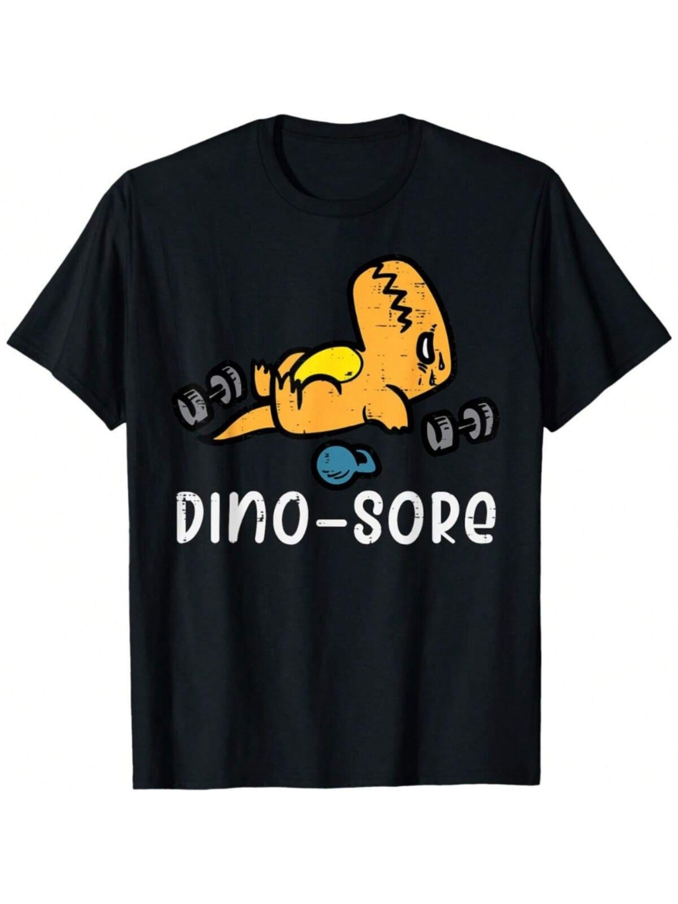 [Men's Dino-Sore T-Shirt] Soft Cotton Men's Funny Gym T-Shirt - Dino-Sore | Breathable, Short Sleeve, Black with Cartoon Dinosaur Weightlifting Design | Ideal for Workouts & Casual Wear, Summer Tshirt, Fun Slogan Shirt