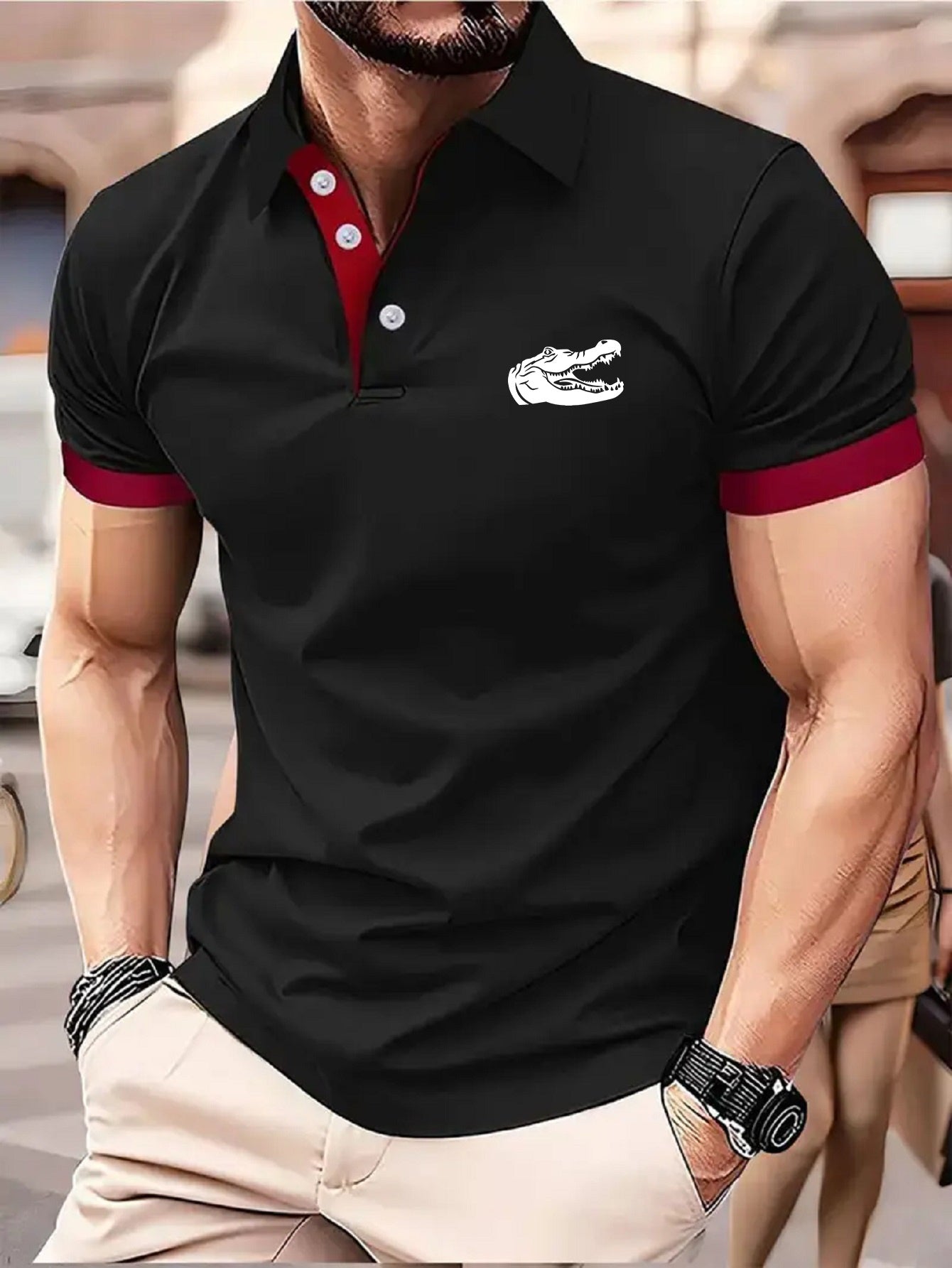 Men's Lightweight Business Casual Shirt - 100% Polyester Breathable, Trendy Geometric Print, 230gsm Micro-Elastic Fabric for Golf, Outdoor & All-Season Wear, Machine Washable, Golf T Shirt, Sports Casual Top, Sleek Formal Loo