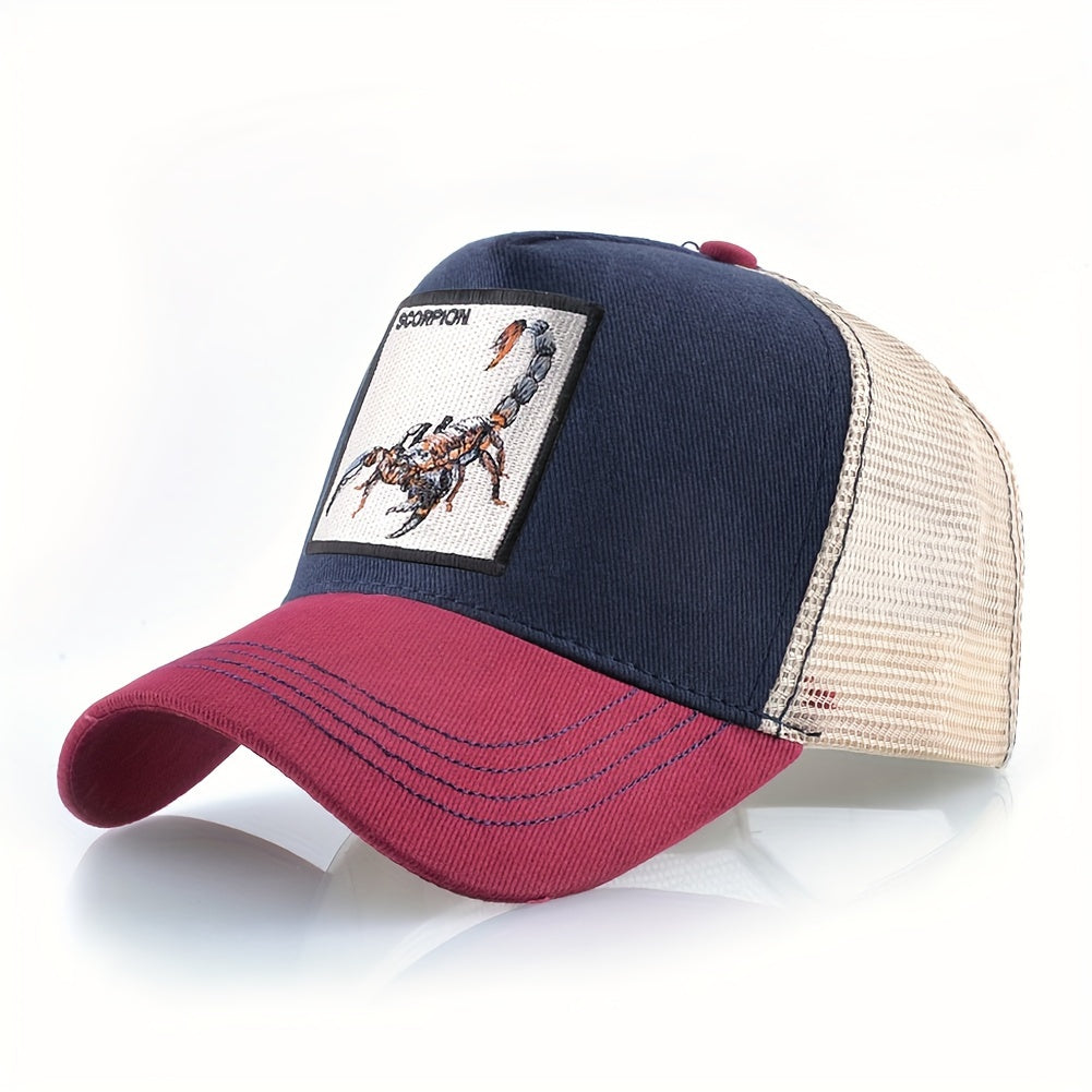 Unisex Embroidered Scorpion Baseball Cap - Breathable Mesh Trucker Hat for Outdoor Sports & Hip-Hop Style, Summer Casual Wear, Black & Beige Design with Bold 