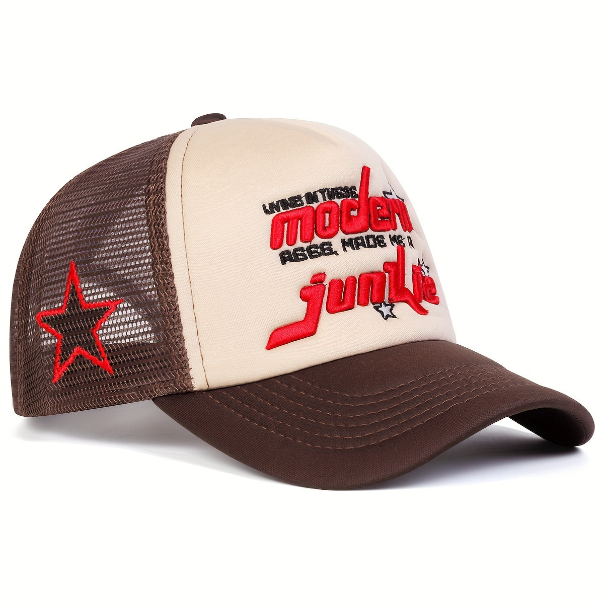 Modern Junkie 1 Men's Five-Panel Baseball Cap - Adjustable, Breathable, Lightweight Polyester - Casual Beige, Brown, White, Blue Star Design Trucker Hat for Summer, Spring, Fall Outdoor Activities & Beach Vacations