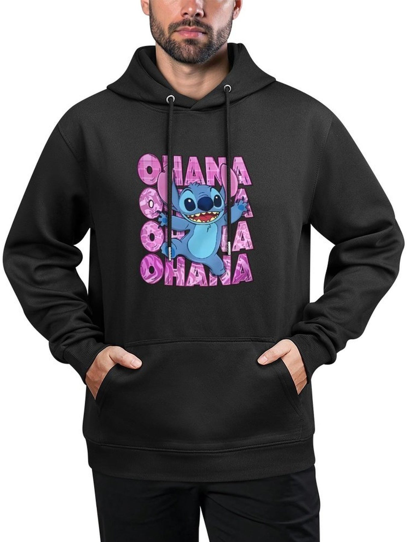 Disney Men'S Black Retro Pullover Hoodie with Stitch Ohana Disney Friends Digital Print, Soft Regular Fit Casual Sweatshirt, Machine Washable, Disney Sweatshirt