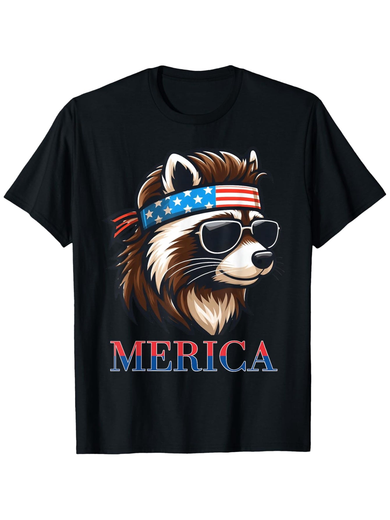Mullet Raccoon Merica Patriotic 4th of July T-Shirt for Men - 100% Cotton Loose Fit Casual Tee with USA Flag Fashion Glasses & Bandana Design, S-XXXL, Everyday Comfort, Breathable Fabric, Holiday Outfit, Graphic Print, Comfor