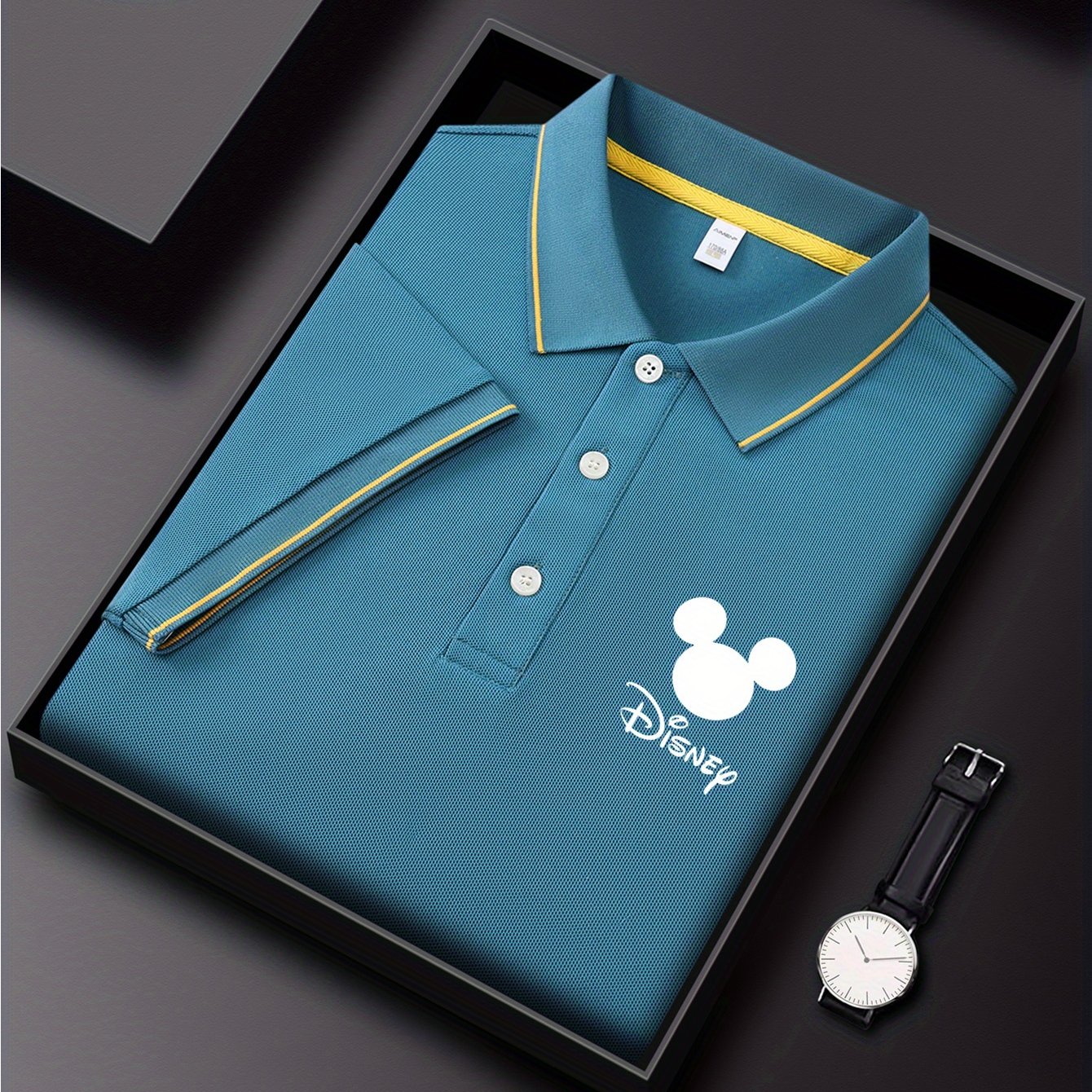 [Disney Genuine Authorized] Men's Classic Shirt One Disney Classic Shirt Cartoon Printing Advanced Business Casual, Short Sleeve Collar, Lightweight Polyester, Quick Drying and Breathable Golf Shirt, Packed in a Display Gift