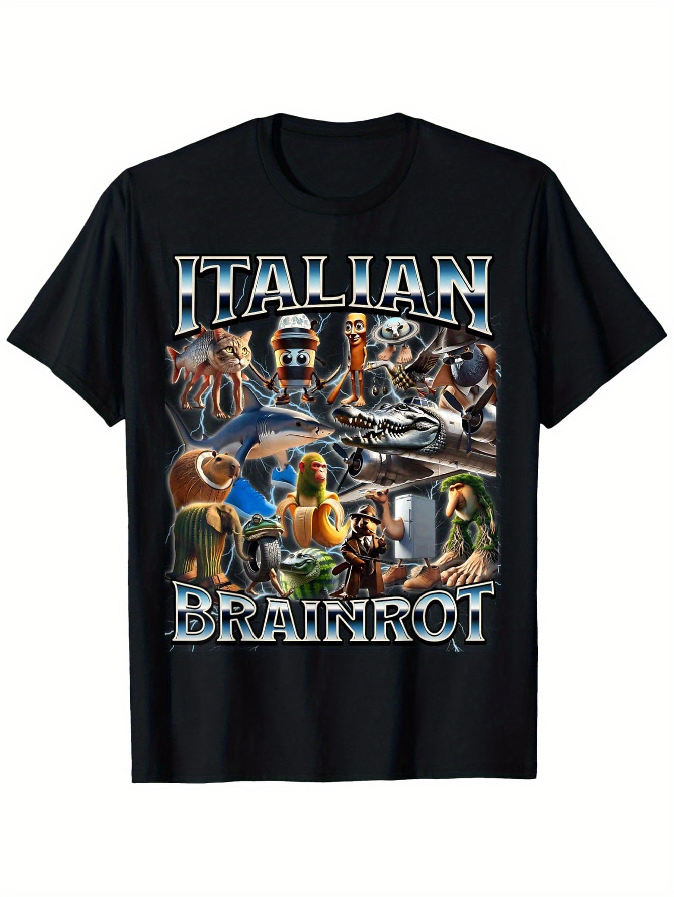 Boy Girl Italian Brainrot Meme T-Shirt, Pure Cotton T-Shirt, Crew Neck, Short Sleeve, Geometric Print, Casual Pj's, Perfect Gift for Boys & Girls