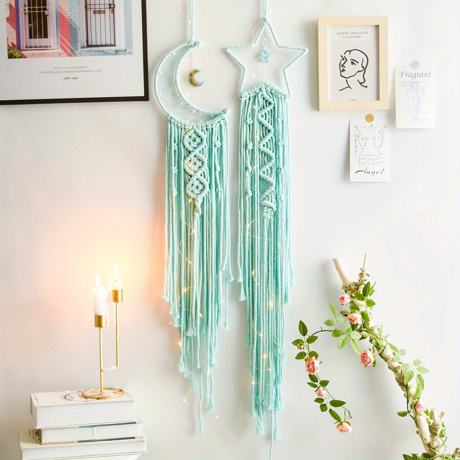 Set of 2pcs Hand-Woven XINGX and Moon Dream Catch Wall Hanging, Bohemian Home Decorative Wall Hangings Decoration, Suitable for Home Wedding Living Room Bedroom Holiday Gift Decorative Wall Hangings without Lights, Suitable f