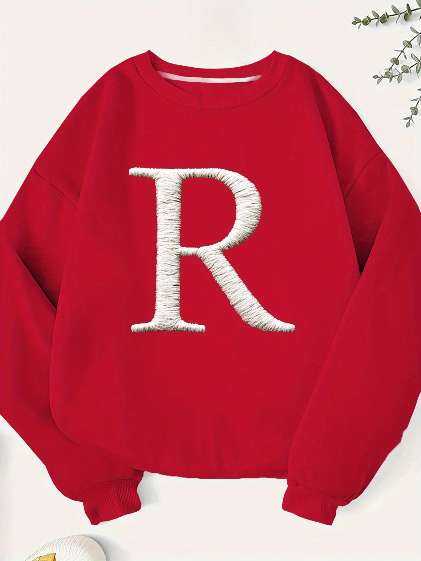 Women's Plus Size Embroidered Letter R Geometric Pattern Sweatshirt - Black & White Casual Long Sleeve Round Neck Pullover, Machine Washable Fall Winter Fashion Top, Cute Sweatshirts, Everyday Comfort, Relaxed Fit, Textured L