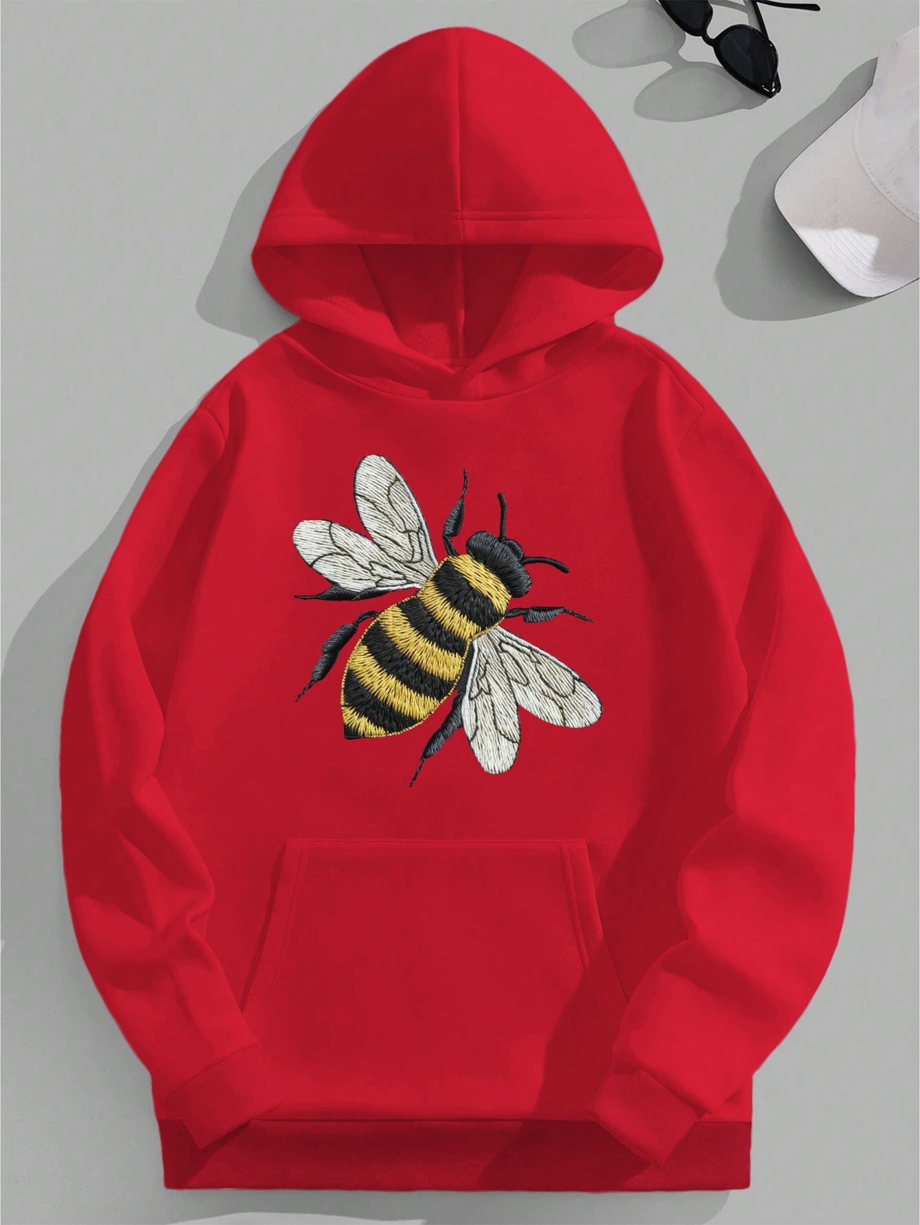 Women's Black Hoodie with Embroidered Bee Design - Cozy Long Sleeve Knit Sweatshirt, Polyester Blend, Front Pocket, Fall/Winter Casual Wear, Fall Casual Clothing | Hooded Sweatshirt | Knit Texture Hoodie, Sweater Hoodie