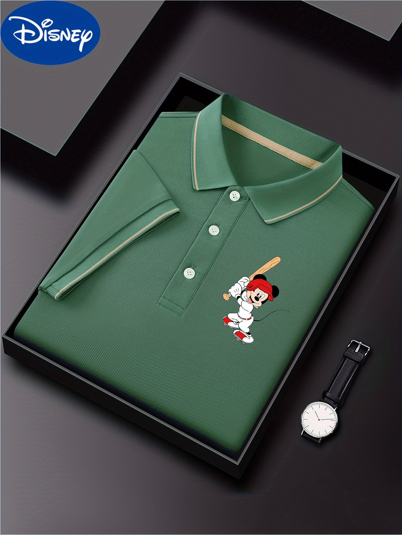 Disney Men'S Classic POLO Shirt, Mickey Batting Baseball Print, Premium Casual Business Casual, Short Sleeve Collar Polo Shirt, Lightweight Polyester, Quick Drying and Breathable Comes in a Display Gift Box Great for Husbands