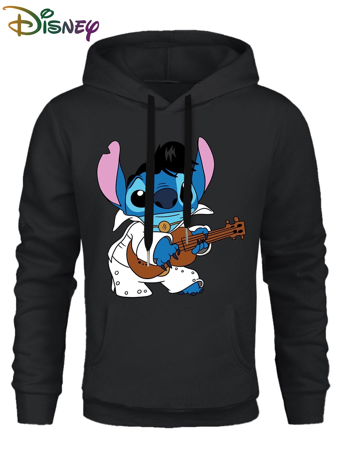 Disney Stitch Men's Fleece Hoodie - 300g Soft Pullover with Ukulele Print, Black Casual Sweatshirt, Relaxed Fit, Machine Washable, Spring & Autumn Fan Gift, Durable Comfort Wear, Graphic Sweatshirt, Comfortable Fabric, Printe