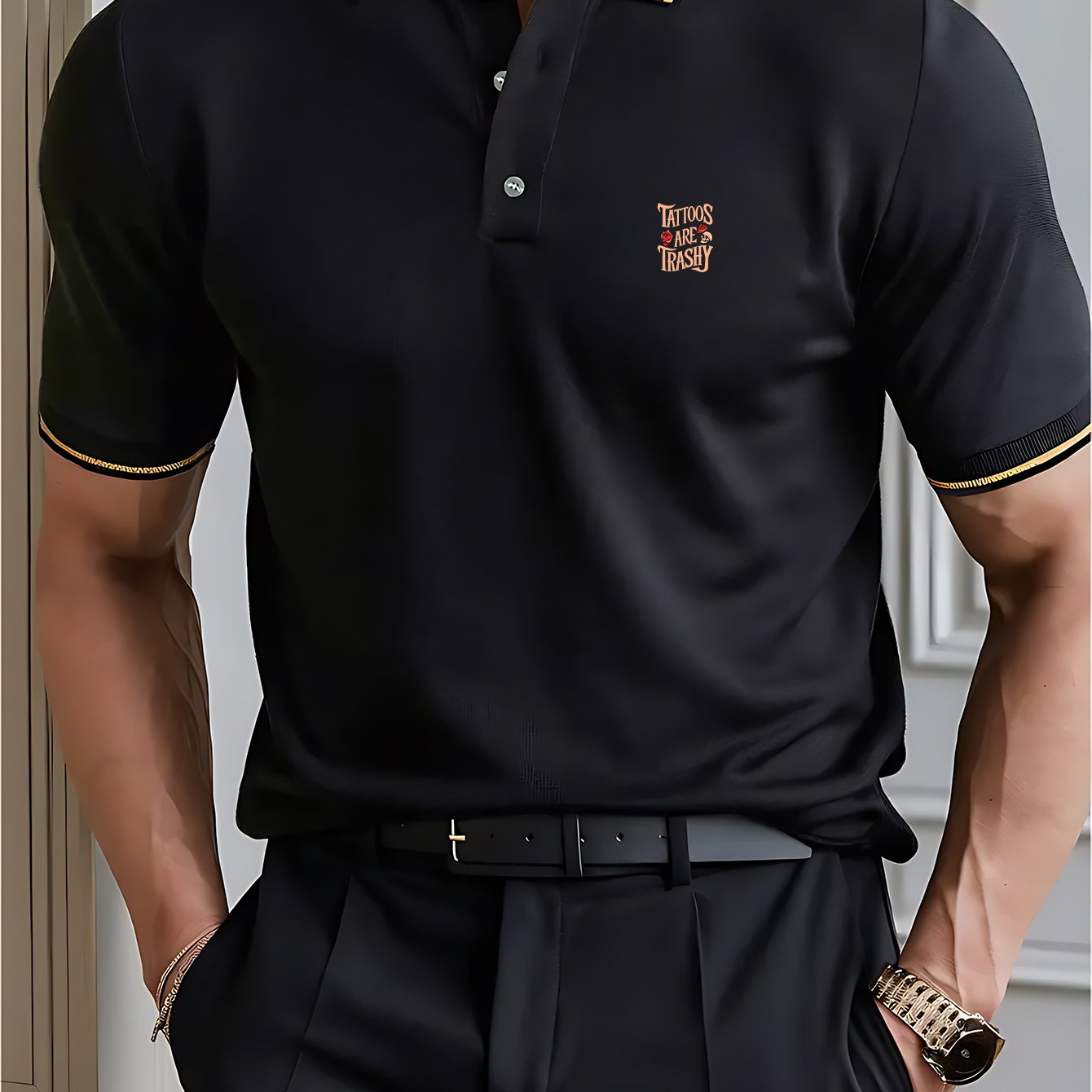 Creative Style Men's Summer Short Sleeve Shirt - 230gsm Lightweight Breathable Polyester, Regular Fit with Small Logo & Contrast Collar, Pink & Navy Trim for Golf Tennis Fishing Casual Vacation Wear