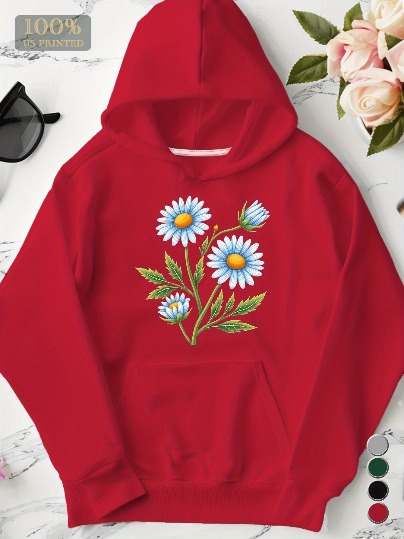Blue Daisies Botanical Embroidered Women'S Plus Size Hoodies