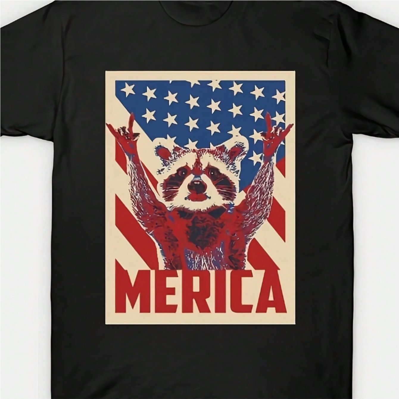PLUS SIZE Everyday Comfort, Men's Patriotic Raccoon American Flag Cotton T-Shirt - Soft, Breathable, Comfortable Crew Neck Short Sleeve, Perfect for Casual Outings and Sports, 180g, PLUS SIZE