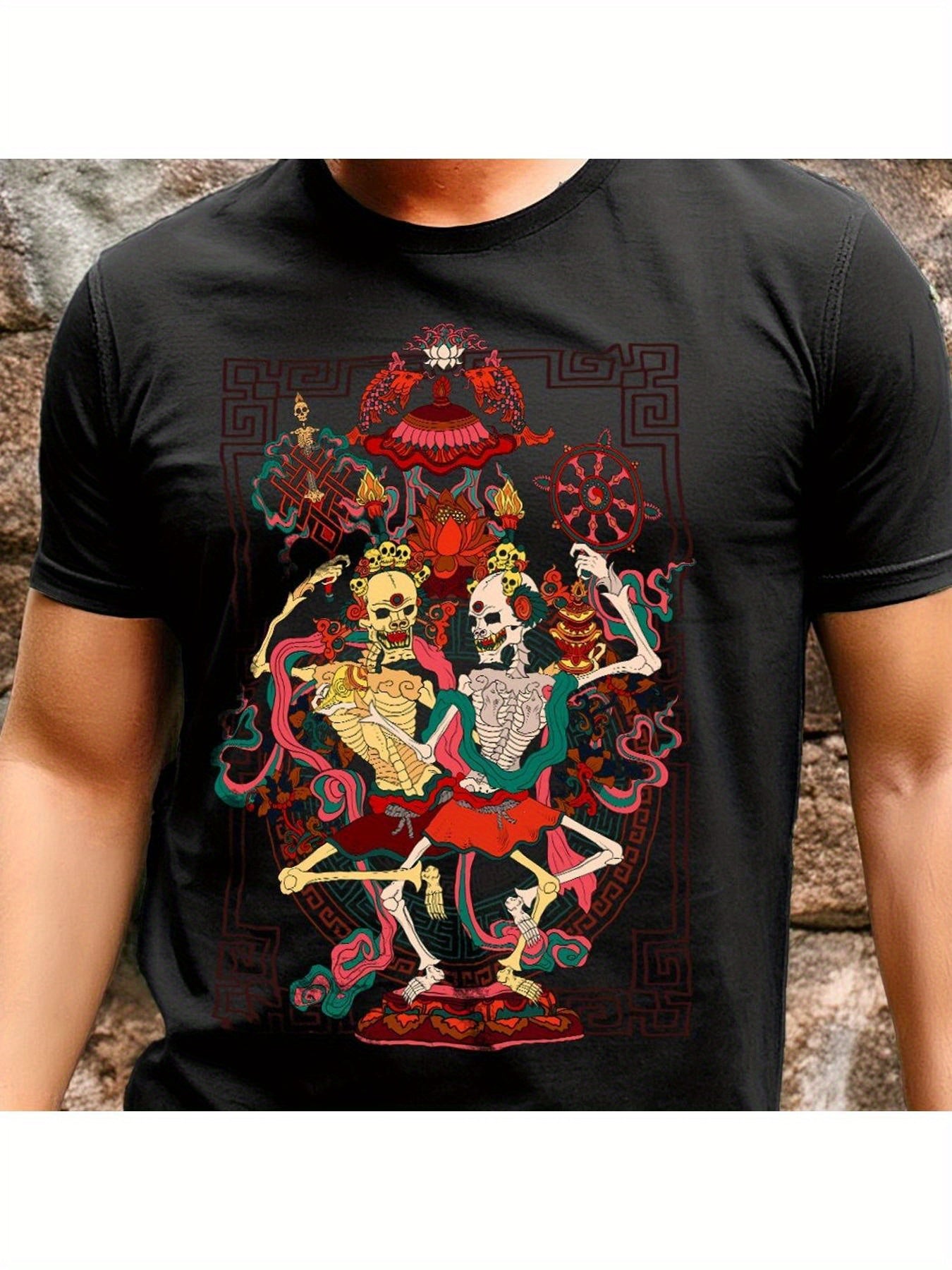Men's Vintage Tibetan Citipati Buddhist Dancing Skeletons Graphic T-Shirt - Soft Breathable Cotton Unisex Streetwear Tee with Vibrant Red & Green Artwork, Regular Fit Casual Casual Attire, Allseason Apparel | Bold Graphic Shi
