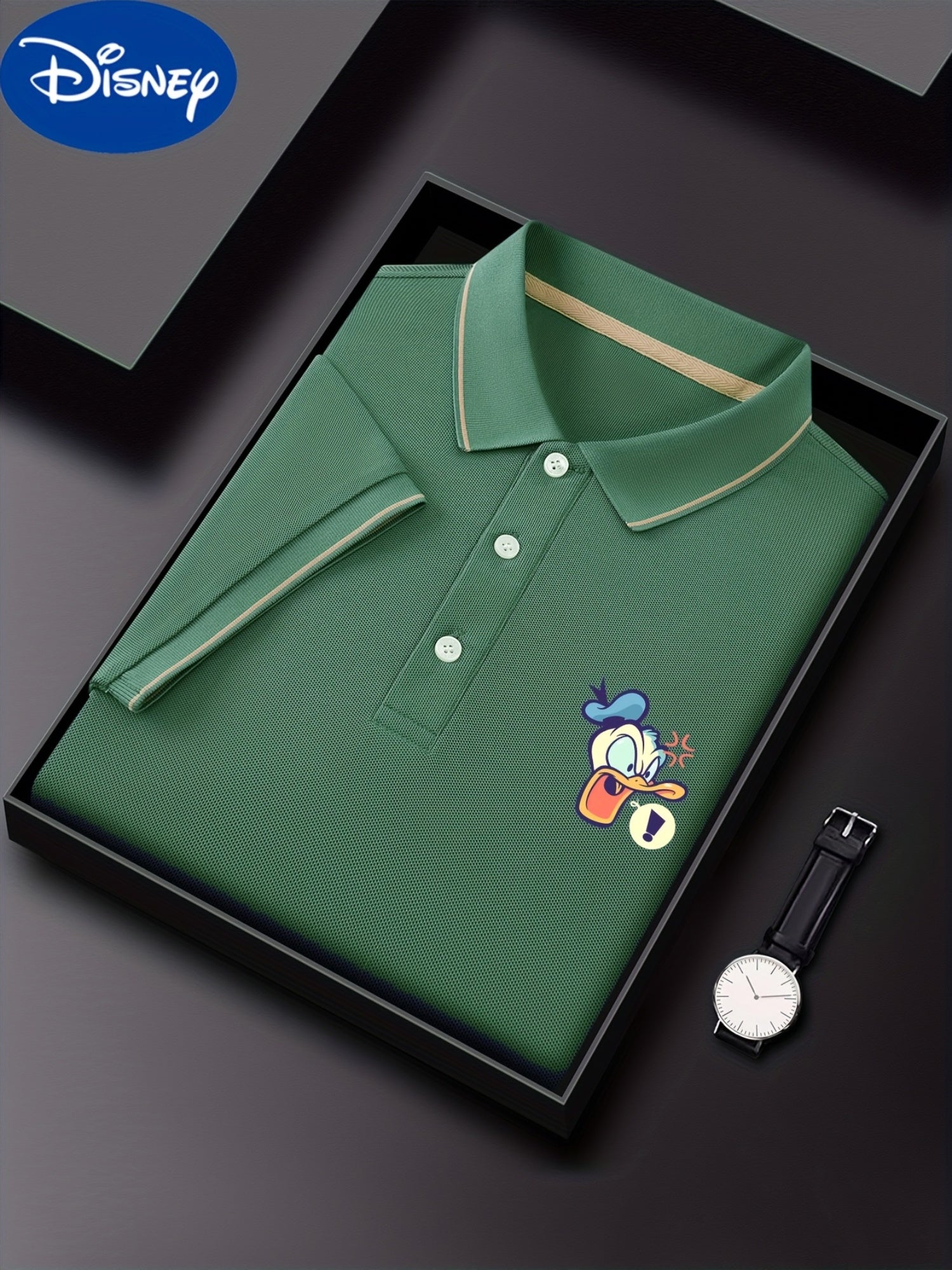 Disney Donald Duck Printed Men'S Summer Classic POLO Shirt, Advanced Business Casual, Contrasting Collar Design, Light, Breathable And Quick-Drying Polyester [Official License]