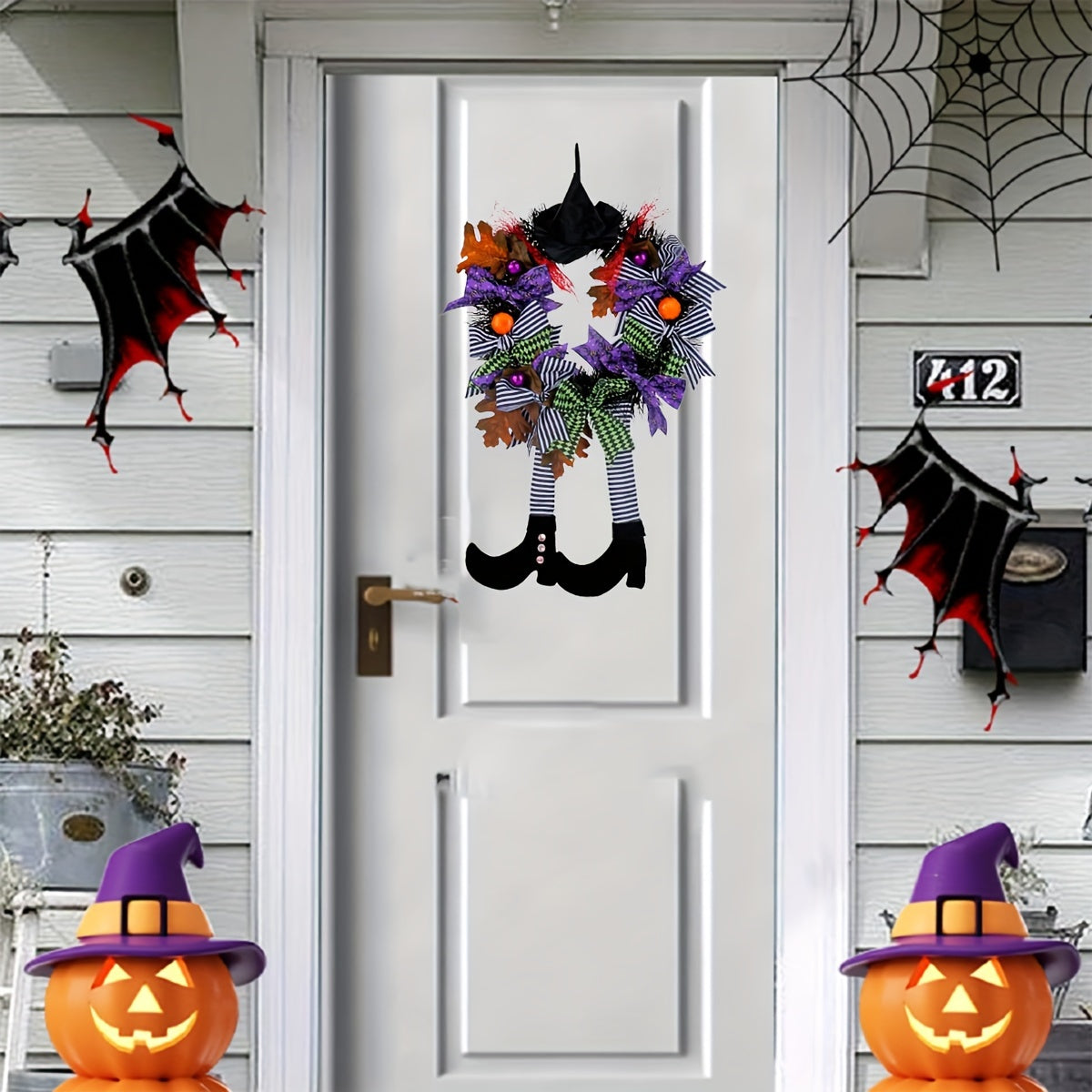 Halloween Wreath, Halloween Witch Decorations, Halloween Door Decor Garden Hanging Witch Garland Pendant with Witch Hat Legs for Front Door, Witch Wreath