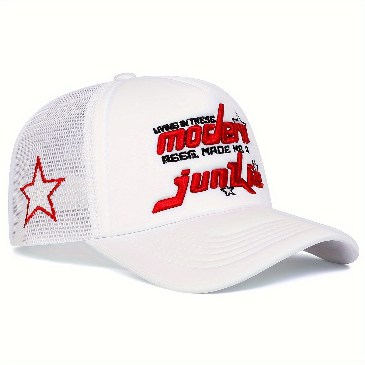 Modern Junkie 1 Men's Five-Panel Baseball Cap - Adjustable, Breathable, Lightweight Polyester - Casual Beige, Brown, White, Blue Star Design Trucker Hat for Summer, Spring, Fall Outdoor Activities & Beach Vacations