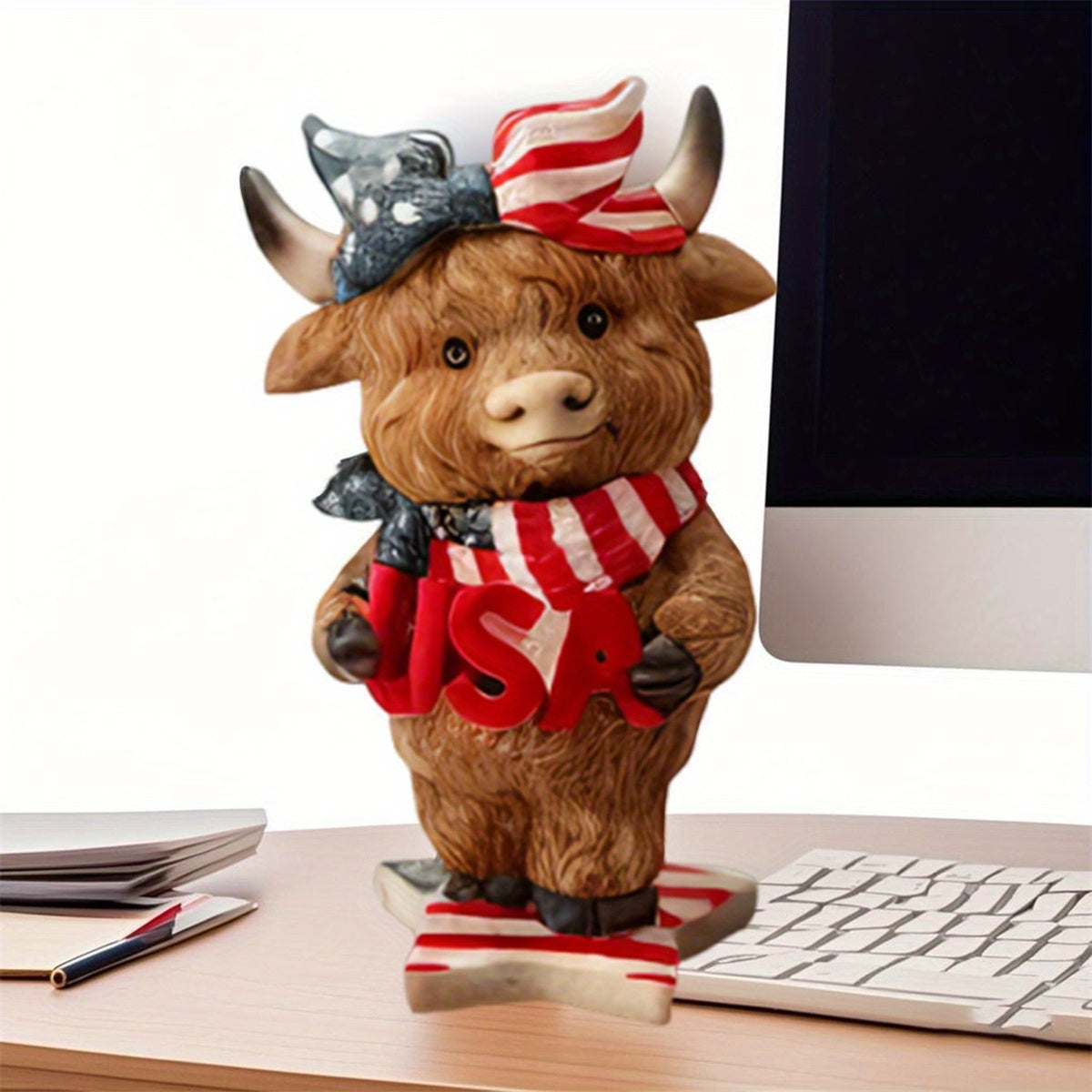 Mother'S Day Independence Day Birthday Gift New Casual, Elegant And Fashionable Patriotic Highland Cow Statue Cute Resin Animal Statue Independence Day Indoor And Outdoor Garden Decoration