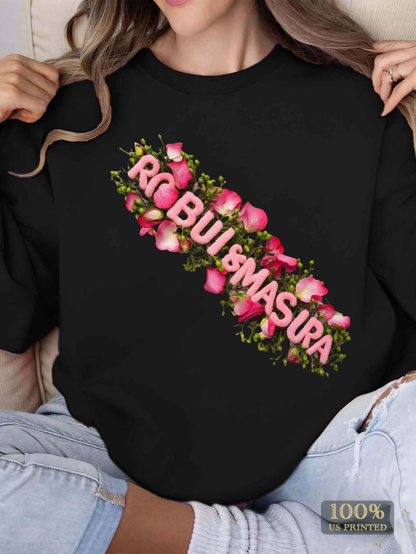 RobiulMasura Elegant Floral Embroidered Women's Sweatshirt - Cozy Polyester, Round Neck, Machine Washable - Perfect for Fall/Winter