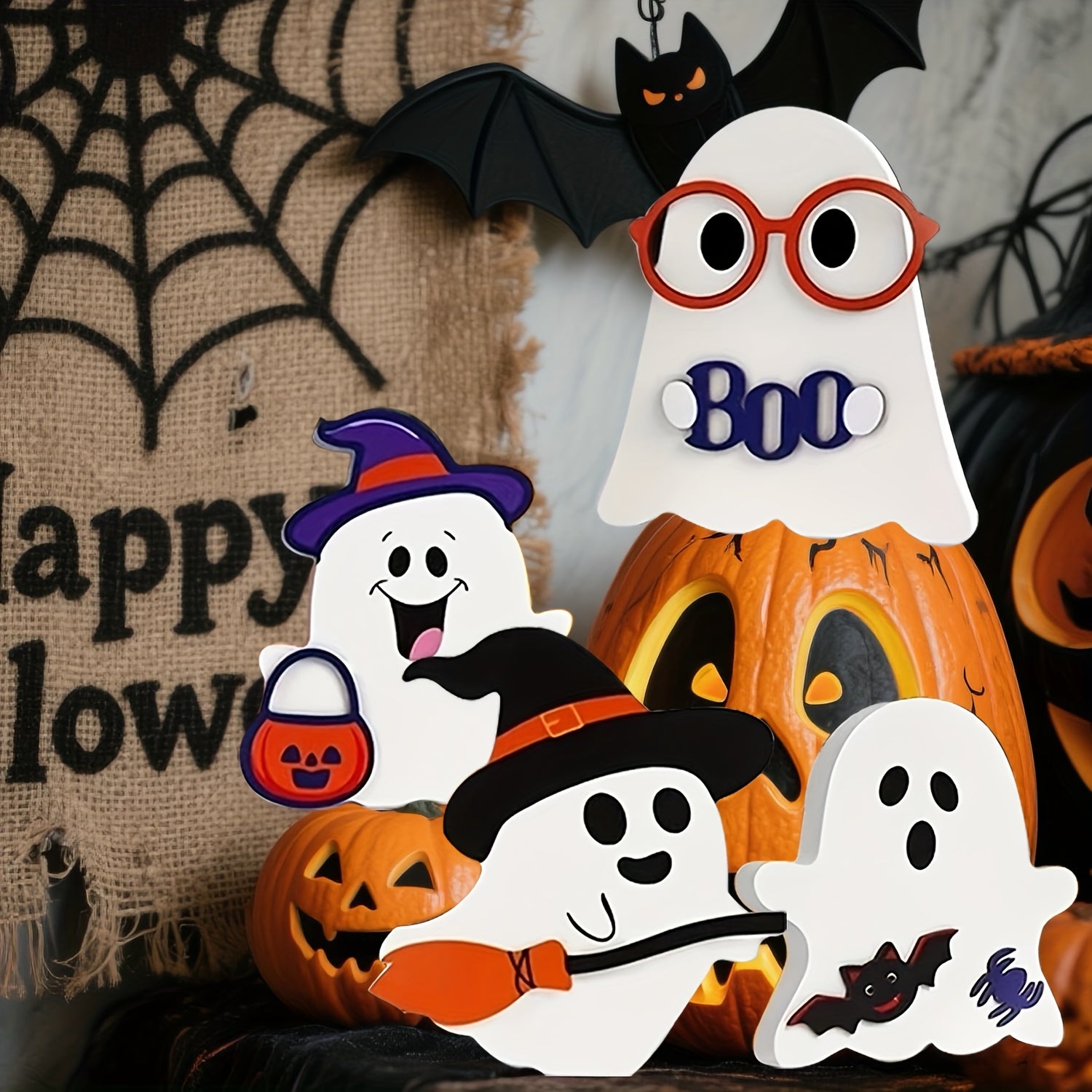 Cute Halloween Decorations Indoor - Halloween Decor/ Decor, 4pcs Wooden Halloween Signs for Table, Office Desk, Tiered Tray, Fireplace Mantle - Spooky Halloween Decorations