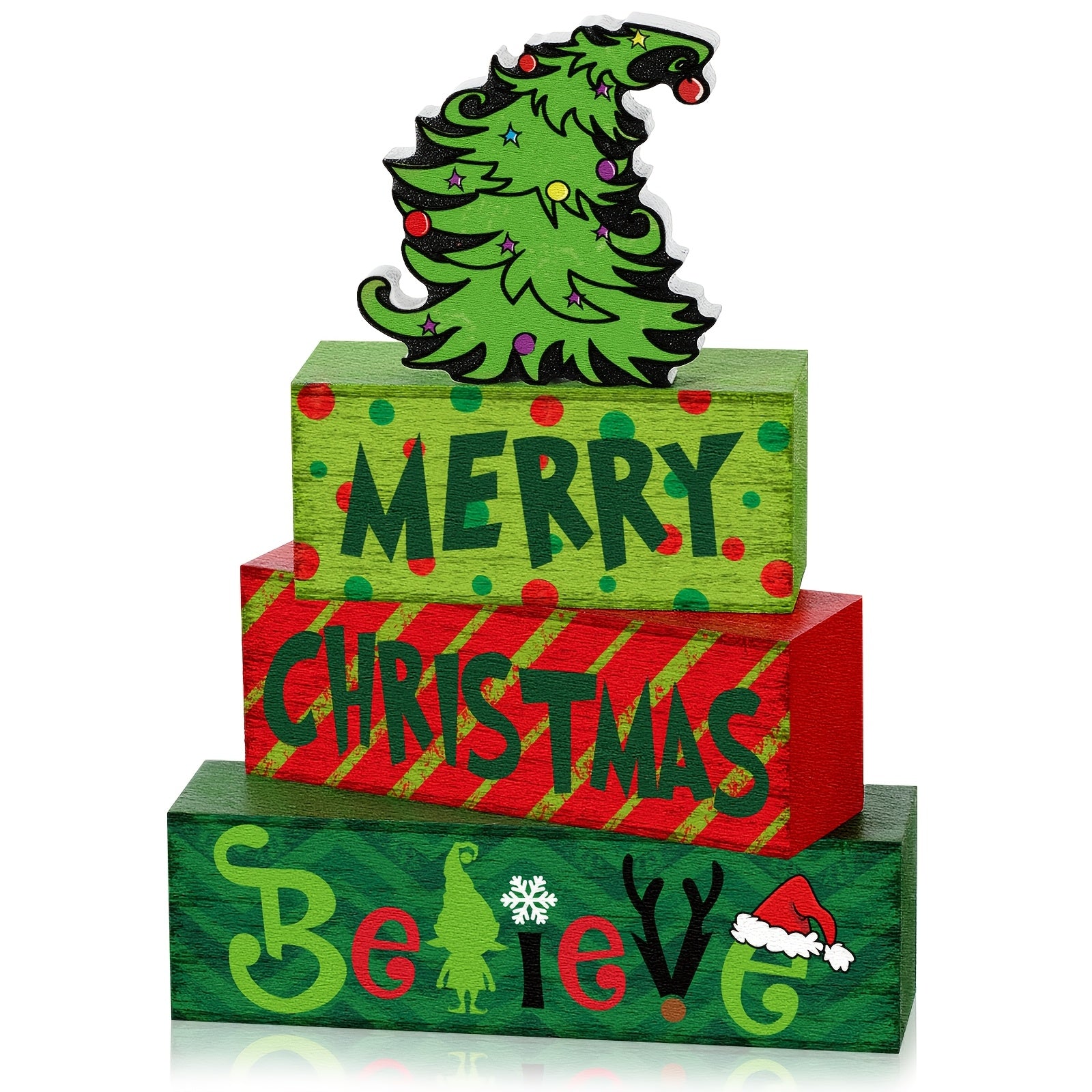 [Rustic Wooden Tabletop Decor] Merry Christmas Wooden Tabletop Decor Rustic Tiered Tray Decor Decorative Green Red Wood Block Sign Gift Wooden Farmhouse Table Decor Centerpiece For Holiday Decoration