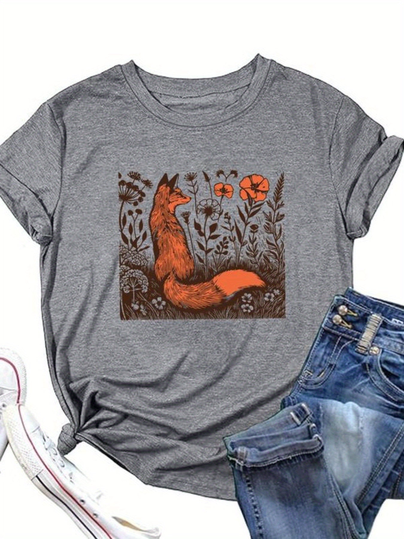 [Soft Cotton T-Shirt] Soft Cotton Women's Rustic Fox & Floral Graphic T-Shirt | High Elasticity Breathable Streetwear Top for Spring/Summer, Casual Daily Wear, Machine Washable Gift, Ladies T Shirts, Everyday Comfort, Streets