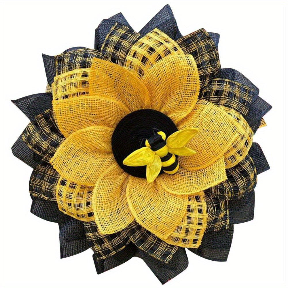 Rustic Burlap Sunflower Wreath with Bee Decor - Farmhouse Wall Art & Front Door Hanging for Easter, Spring, Summer, St. Patrick’s Day - No Electricity Needed, Vibrant Yellow & Black Checkered Design, Sunflower Outdoor Decor