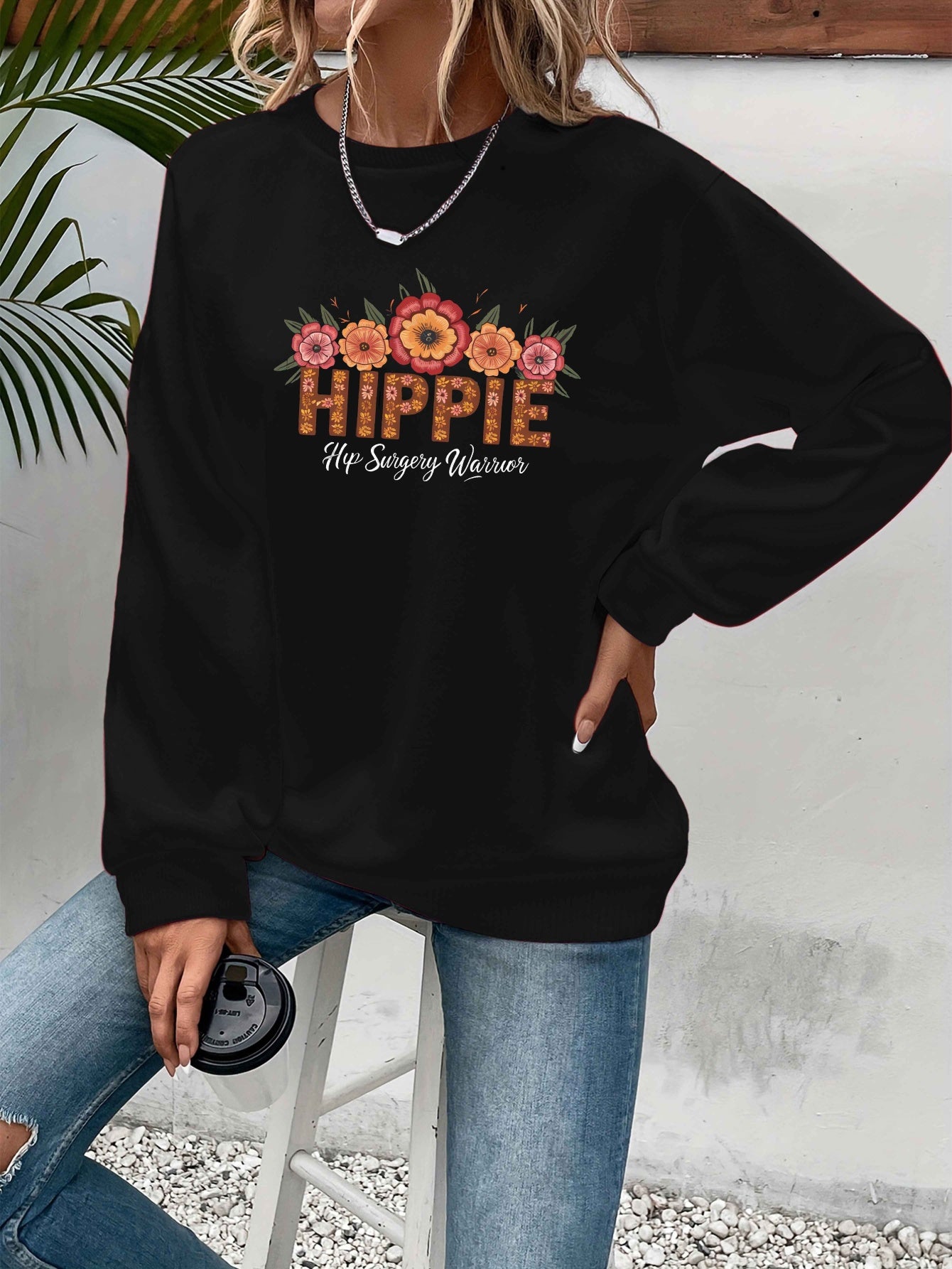 [Relaxed Style] Women's Hippie Warrior Sweatshirt - Cozy Gray Long Sleeve Crewneck with Colorful Floral and Geometric Embroidery, Casual Fall/Winter Polyester Pullover, Clothing Top | Floral Top | Glossy Fabric, Hippie Clothe
